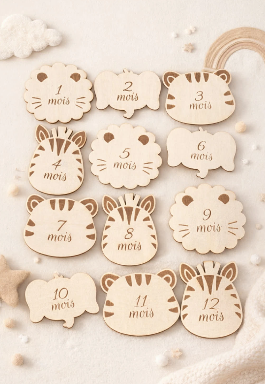 cartes étapes Bébé 1 à 12 mois avec motifs animaux de la jungle